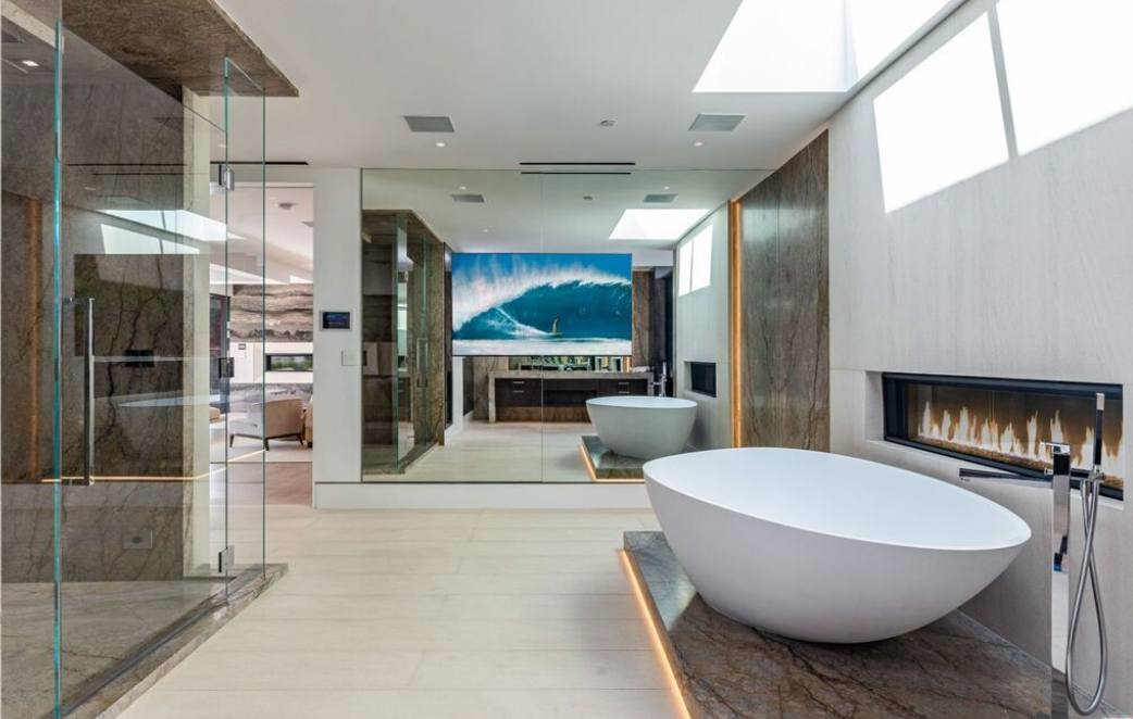CAD Stone Works custom Armani Brown marble wrapped walls and matching walk-in stone shower at Beverly Hills Flats Residence.