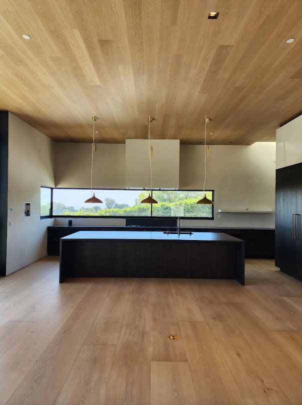 Ember House kitchen with honed Black Diamond VC countertops and waterfall edges