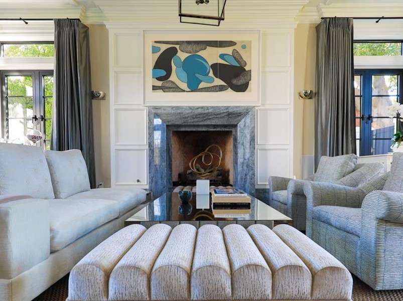 Dimensional Bardiglio fireplace surround and hearth in the living room of the Canon Drive Residence in Beverly Hills, fabricated and installed by CAD Stone Works